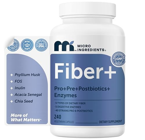 Micro Ingredients Psyllium Husk Fiber Capsules 5-In-1 240 Vegetarian Capsules Soluble Fiber Supplement For Digestive Support Probiotics Prebiotics Postbiotics & Digestive Enzymes Non-Gmo