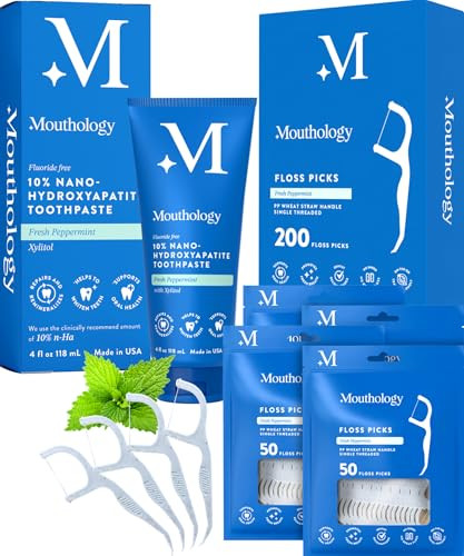 Mouthology 10 Nano Hydroxyapatite Toothpaste (Fluoride Free) And Floss Picks Bundle