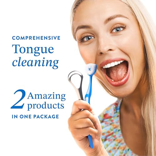 Mouthology Tongue Brush & Tongue Scraper (Combo Pack) Reduce Bad Breath & Improve Oral Hygiene Tongue Scraper Brush For Adults Ergonomic Handle & Protective Cap Tongue Cleaner