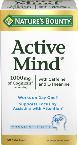 Nature'S Bounty Active Mind Dietary Supplement Supports Focus And Attention 1000 Mg Cognizin With L-Theanine And Caffeine Pills 60 Caplets