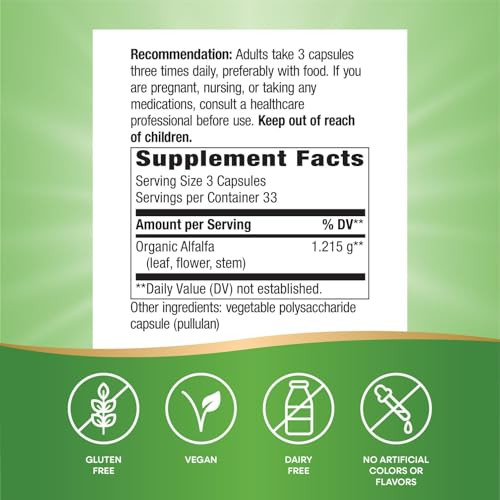 Nature'S Way Premium Formula Organic Alfalfa Young Harvest 1215 Mg Per Serving 100 Vcaps