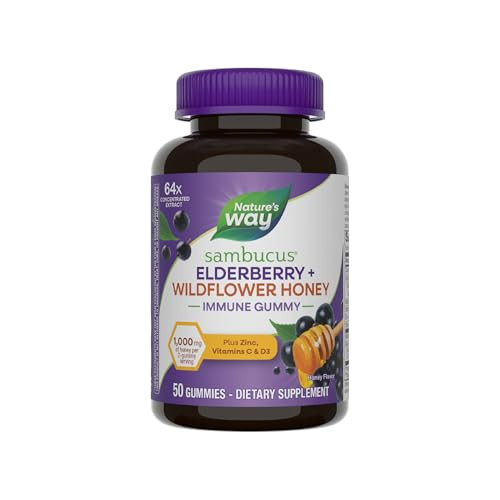 Nature'S Way Sambucus Elderberry Wildflower Honey Immune Gummy Daily Immune Support For Adults And Kids Ages 4 Vitamins C & D3 Zinc Vegetarian 50 Gummies