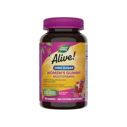 Nature'S Way Alive Zero Sugar Women'S Gummy Multivitamins Energy Metabolism Hair Skin Nails B-Vitamins No Sugar Alcohols Plant-Based Sweeteners Strawberry Flavored 80 Gummies