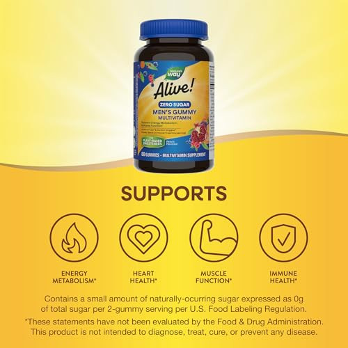Nature'S Way Alive Zero Sugar Men'S Gummy Multivitamins Energy Metabolism Muscle Function B-Vitamins No Sugar Alcohols Plant-Based Sweeteners Peach Flavored 80 Gummies