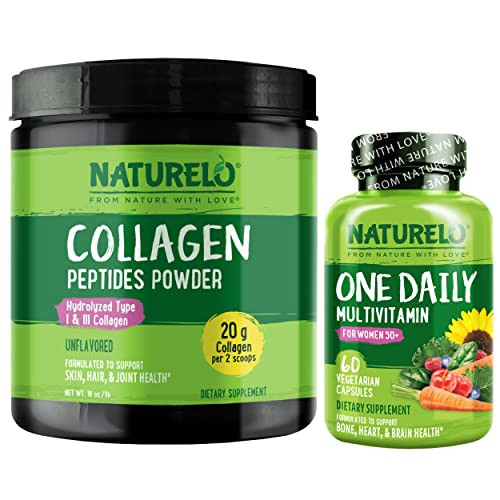Naturelo One Daily Multivitamin For Women 50 (Iron Free) 60 Count And Collagen Peptide Powder 45 Servings
