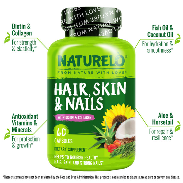 Naturelo Hair Skin And Nails Vitamins - 5000 Mcg Biotin Collagen Natural Vitamin E - Supplement For Healthy Skin Hair Growth For Women And Men 60 Capsules