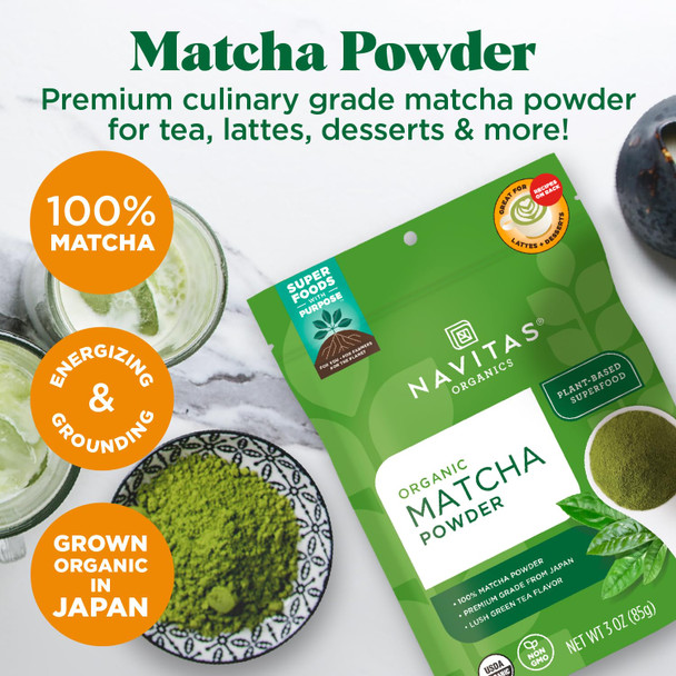 Navitas Organics Matcha Powder For Tea Lattes Smoothies Desserts & More Energy & Antioxidants Premium Culinary Grade Usda Organic Non Gmo Gluten Free Kosher Vegan (3Oz. Bag 85 Servings)