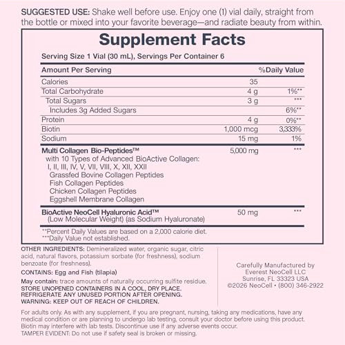 Neocell Multi Collagen Peptides Liquid 6 Vials With Hyaluronic Acid And Biotin Advanced Formula Complex Beauty Supplement Hair Skin And Nails