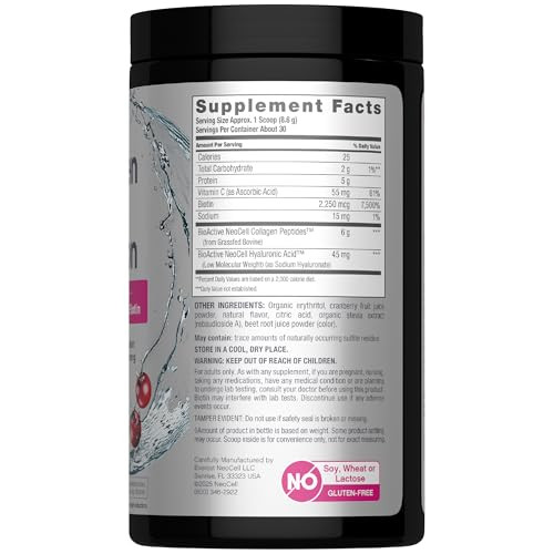 Neocell Collagen Peptides Powder 9.1 Oz Grass Fed Bovine With Biotin And Hyaluronic Acid Cranberry Cocktail Flavored Beauty Infusion Drink Mix Hair Skin & Nails