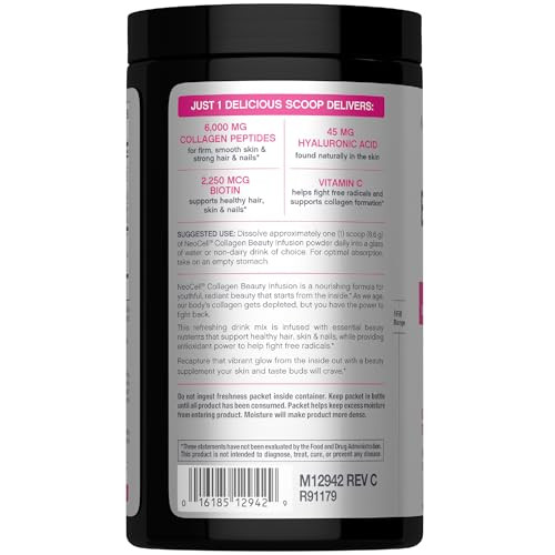Neocell Collagen Peptides Powder 9.1 Oz Grass Fed Bovine With Biotin And Hyaluronic Acid Cranberry Cocktail Flavored Beauty Infusion Drink Mix Hair Skin & Nails