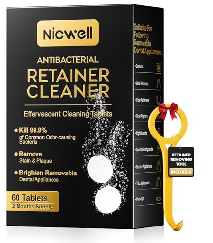 Nicwell Effervescent Retainer Cleaner Tablets Kills 99.9 Odor-Causing Bacteria On Dentures & Orthodontic Appliances 60Pcs Travel Friendly White