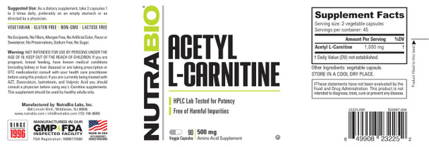 Nutrabio Acetyl L-Carnitine (Alcar) Supplement 500Mg - Support Natural Energy Production Metabolic Management And Overall Health 90 Capsules