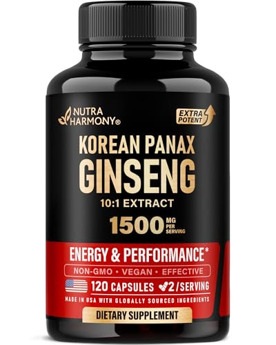 Nutraharmony Panax Ginseng 1500 Mg - Red Korean Ginseng Supplement For Men - Extra Strength 10 1 Extract - Energy Focus Productivity & Performance - Natural & Vegan - Made In Usa - 120 Capsules 2 Month Supply