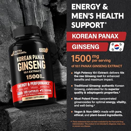 Nutraharmony Panax Ginseng 1500 Mg - Red Korean Ginseng Supplement For Men - Extra Strength 10 1 Extract - Energy Focus Productivity & Performance - Natural & Vegan - Made In Usa - 120 Capsules 2 Month Supply