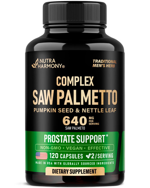 Nutraharmony Saw Palmetto For Men 640Mg - Pumpkin Seed Nettle Zinc & Pygeum - Prostate Health & Urinary Supplement - Dht Blocking & Hair Support - 45 Fatty Acids Clinical Strength - Made In Usa 120 Capsules