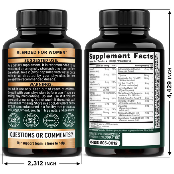 Nutraharmony Thyroid Support For Women - Selenium 200 Mcg Astragalus Zinc & Iodine L-Tyrosine Adaptogen Herbs - 21-In-1 Antioxidant & Immune Support - Made In Usa - Vegan Non-Gmo Lab Tested 60 Capsules