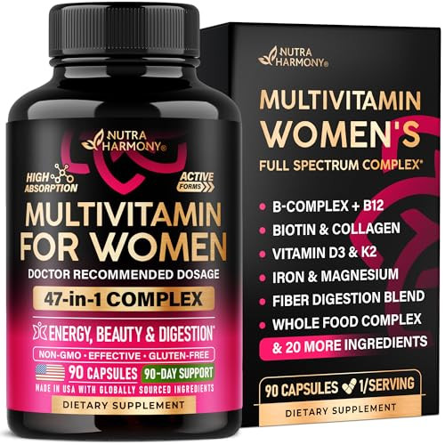 Nutraharmony Multivitamin For Women - B-Complex Whole Foods Hair Growth Support Digestion & Metabolism Iron - 47In1 Womens Multivitamin - Bioavailable & Gentle On Stomach - Made In Usa 90 Capsules