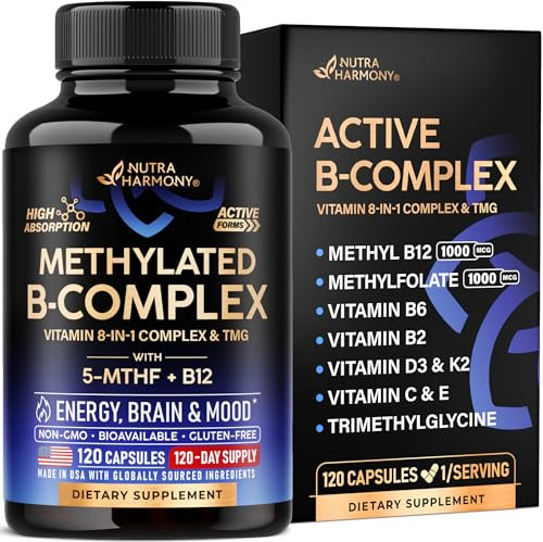 Nutraharmony Vitamin B Complex Methylated - B-Complex With Methylfolate & B12 - Bioavailable For Men & Women - 9-In-1 Methylated Multivitamin - Energy Brain & Mood - Vegan - Made In Usa - 120 Capsules One/Day
