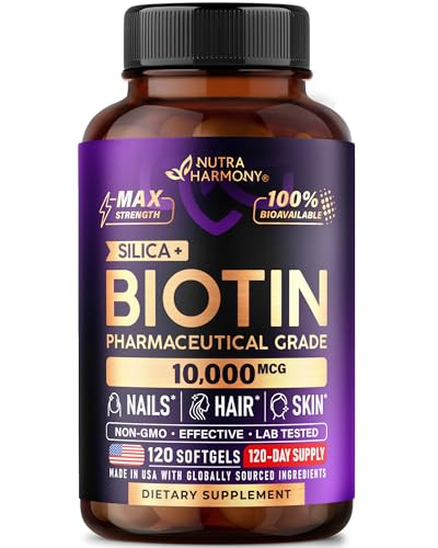 Nutraharmony Biotin 10000Mcg With Silicon - Pharmaceutical Grade Biotin Supplement For Women - Hair Growth Support Skin & Nails - Max Strength & 100 Bioavailability - Made In Usa - 120 Softgels 120 Days Supply