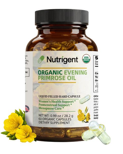 Nutrigent Organic Evening Primrose Oil Supplement 940 Mg 100 Pure With 10 Gla High Absorption Liquid Organic Capsules Promotes Women'S Health & Skin Health Cold Pressed 60 Count