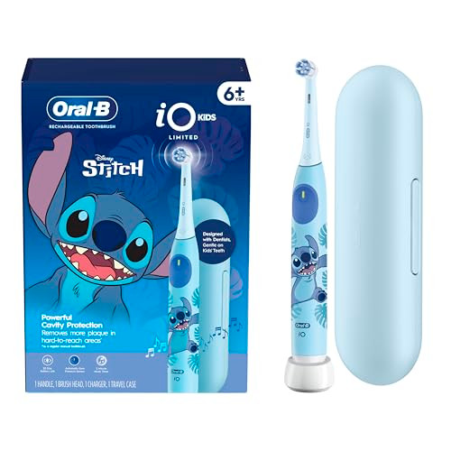 Oral-B Io Kids Limited Rechargeable Electric Powered Toothbrush Stitch - Automatic Pressure Sensor - 3 Cleaning Settings - Music Timer - 28 Day Battery Life - Travel Case