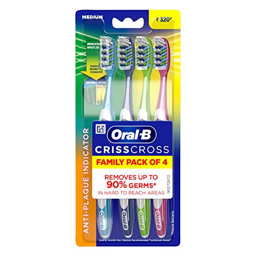 Oral-B Criss Cross Deep Clean Medium Bristles Manual Toothbrush For AdultsTongue Cleaner Multicolour Tooth Brush Set Oral B Dentist Recommended Brand (Family Pack Total 4 Brushes)