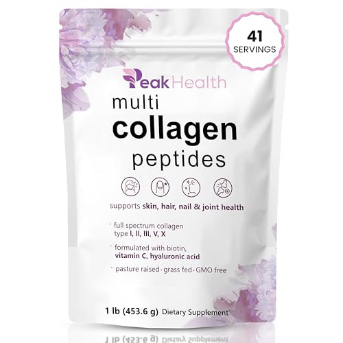 Peakhealth Multi Collagen Peptides Powder 1 Pounds Collagen Powder- Type IIiIiiVX With Biotin 10000Mcg Hyaluronic Acid Powder Vitamin C - Unflavored Collagen Protein Powder - Keto & Paleo Easy Dissolve