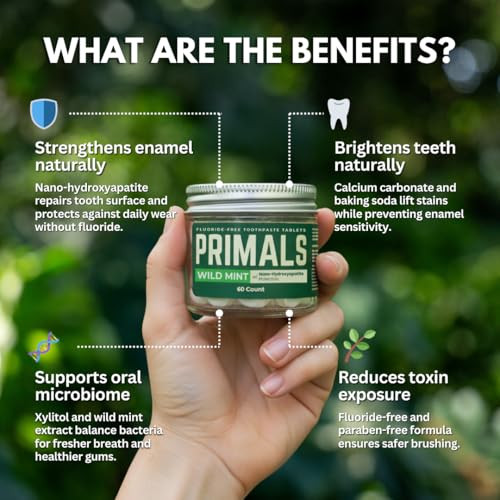 Primals Fluoride-Free Toothpaste Tablets - Nano Hydroxyapatite - Zero Artificial Flavors Or Plastic - Remineralizes & Whitens Teeth - 60 Count (1 Month Supply)