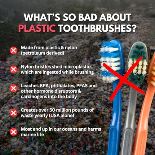 Primals Horse Bristle & Bamboo Toothbrush (4-Pack) - Luxurious & Soft Horse Bristles - Fully Biodegradable - Plastic & Nylon Free - Quick Dry Design