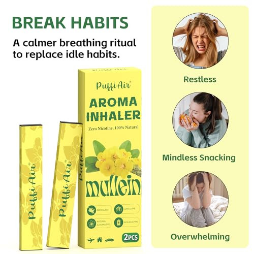 Puffiair Mullein Herbal Air Set Nicotine-Free Smokeless Non-Electric Vaporless Usable Anywhere Reduce Cravings & Fatigue Lung Comfort & Breathing Support 2 Pc