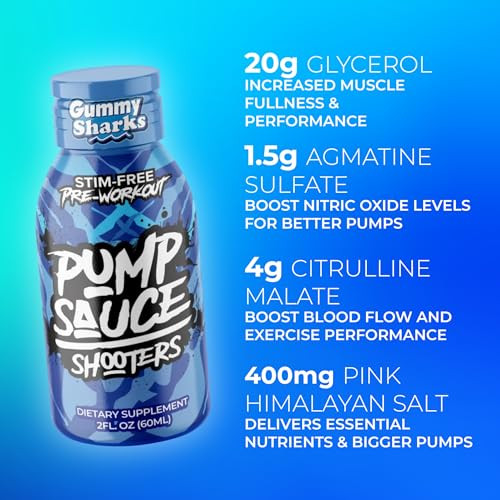 Pump Sauce Shooters Gummy Sharks 2 Oz Bottles (Pack Of 12) - Pre Workout No Caffeine Full Spectrum Liquid Gluten Free Vegan Zero Sugar