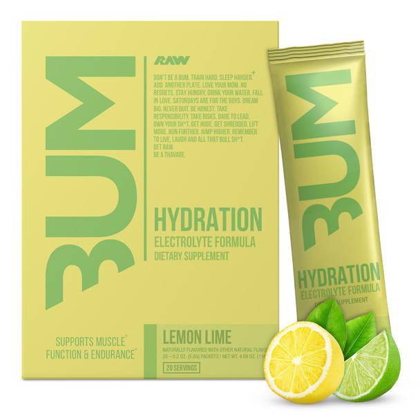 Raw Electrolytes Powder Hydration Drink Mix Packets Bum Hydrate (Lemon Lime 20 Servings) - Electrolyte Hydration Packets Supports Muscle Function & Endurance - Keto Free Electrolytes Powder Packets