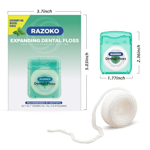 Razoko Coconut Oil Expanding Dental Floss - Gentle On Teeth & Gums Kid-Friendly Waxed Light Mint Flavor Ptfe & Pfas Free 4 Spools (220 Yd Total)