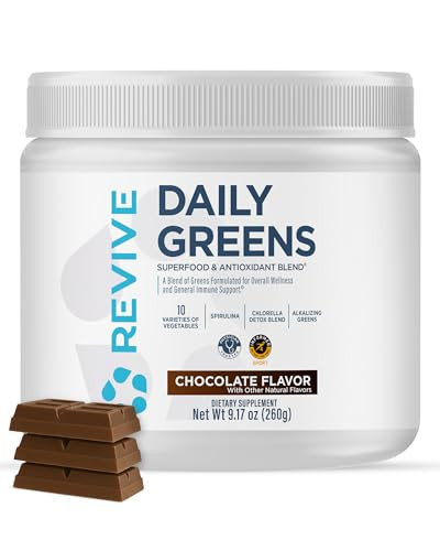 Revive Md Daily Greens Powder Chocolate Superfood & Antioxidant Blend For Energy Gut Health & Immunity Greens Supplement With Vitamins Minerals Digestive Enzymes & Probiotics (20 Servings)