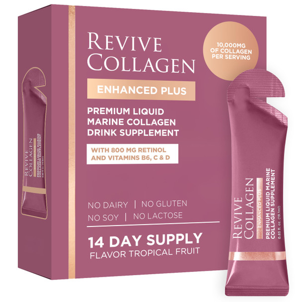 Revive Collagen Enhanced Plus Premium Liquid Marine Collagen Drink Supplement 22 Fluid Ounces Tropical Flavor 10000Mg Of Collagen Per Shot 14 Servings Liquid Collagen For Women And Men