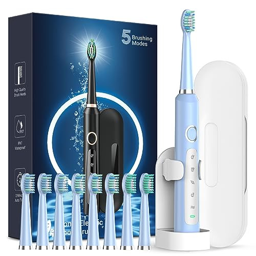 Rtauys Rechargeable Sonic Electric Toothbrush For Adults With 8 Heads Travel Case Whitening - Light Blue