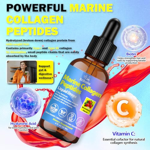 Scibalia Marine Collagen Peptides Liquid Drops Hydrolyzed Multi Type I & Iii Collagen W. Hyaluronic Acid Biotin Vitamin C For Joint Skin Hair & Nail Liquid Marine Collagen High Absorption For Women Men