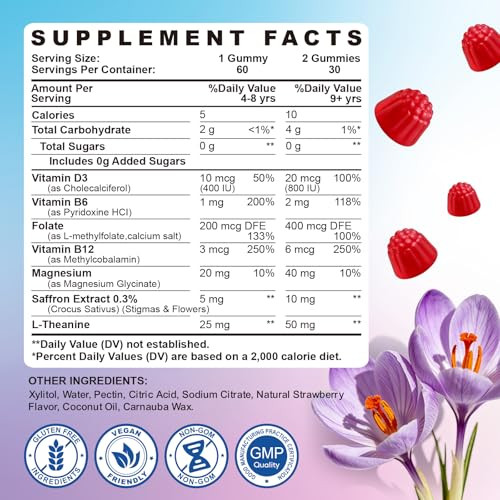 Sept Yan Saffron Gummies Kids With Magnesium L-Theanine Vitamin D3 B6 B12 Saffron For Kid Focus Mood Support Natural Saffrons Extract Supplement For Active Children Calm 60 Count Strawberry Sugar Free