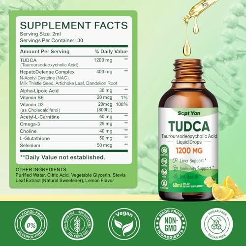 Sept Yan Tudca Supplement 1200Mg Liquid Drops Liver Supplement With Tudca Nac Milk Thistle Seed And Dandelion For Liver Support And Gallbladder Cleanse & Repair Sugar-Free Vegan Lemon Flavor 2 Fl Oz