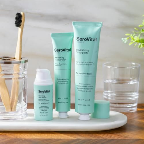 Serovital Smile Radiant Smile Care Kit Nano-Hydroxyapatite Toothpaste Whitening Polish Hydrating Gum Serum Formulated Without Fluoride For Sensitive Teeth Mint Kiss