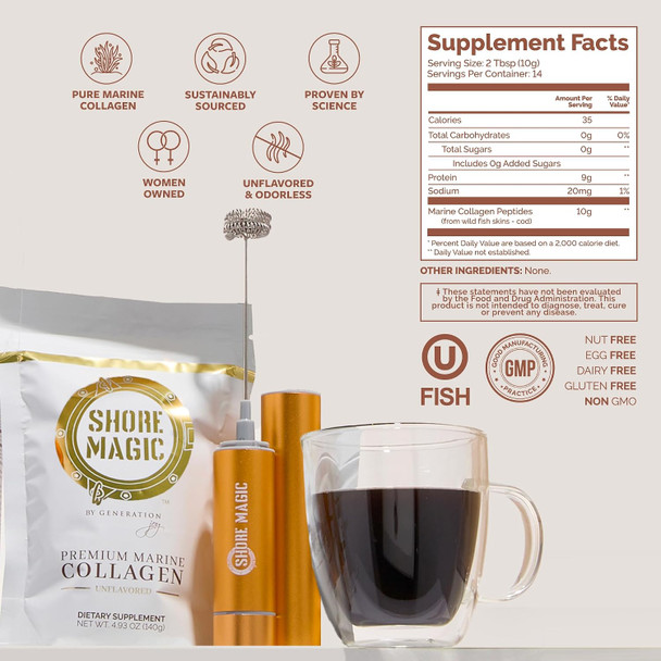 Shore Magic Premium Marine Collagen Powder Hydrolyzed Type I Ii Iii & Iv Peptides From Wild Fish For Skin Hair Nails and Joints 14 Servings