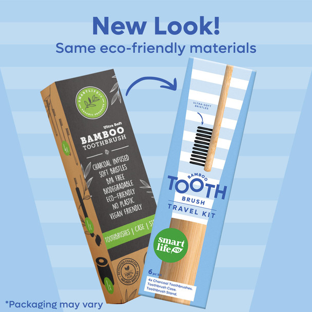 Smartlifeco Bamboo Charcoal Toothbrushes (4 Pack) With Travel Case & Stand - Extra Soft Bristles For Adults & Kids Teeth Zero Waste Travel Toothbrush Kit Natural Eco-Friendly Wooden Brush Holder Cover