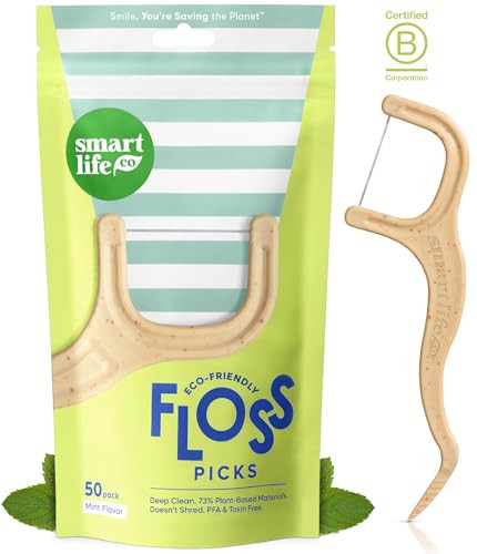 Smartlifeco Eco-Friendly Dental Floss Picks (50Ct) - Flossers Made With Straw Wheat Superior Anti-Shred Thread For Tight Gaps Tooth Pick Stick For Adults Soft On Gum & Teeth Vegan Mint