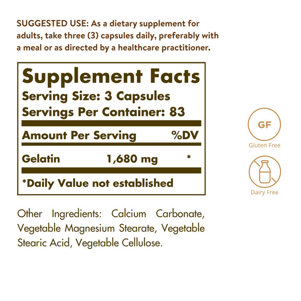 Solgar Gelatin 1680 Mg 250 Capsules - Natural Gelatin - Supports Bone Joint & Skin Health - Gluten Free Dairy Free 83 Servings