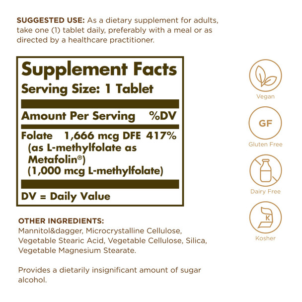 Solgar Folate 1000 Mcg - 120 Tablets - 1000 Mcg Bio-Active Metafolin - Vegan Gluten Free Dairy Free Kosher 120 Servings