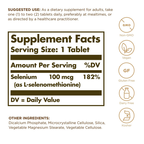 Solgar Yeast-Free Selenium 100 Mcg - 100 Tablets - Supports Antioxidant & Immune System Health - Non-Gmo Gluten Free Dairy Free Kosher 100 Servings