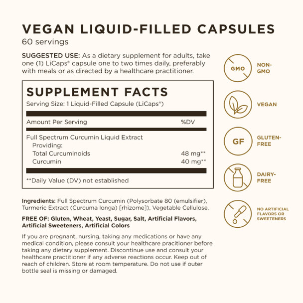 Solgar Full Spectrum Curcumin - 60 Licaps - Superior Absorption - Brain Joint & Immune Health - Non-Gmo Vegan Gluten Free Dairy Free 60 Servings