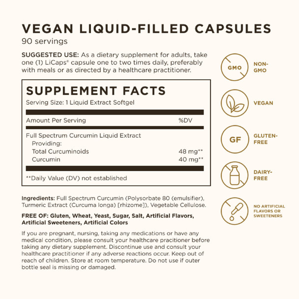 Solgar Full Spectrum Curcumin - 90 Licaps - Superior Absorption - Brain Joint & Immune Health - Non-Gmo Vegan Gluten Free Dairy Free 90 Servings
