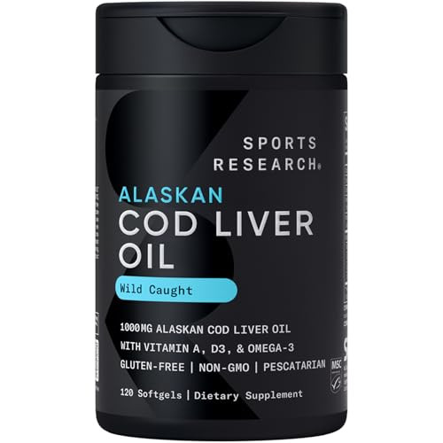Sports Research Omega-3 Wild Alaskan Cod Liver Oil 1000Mg With Vitamins A (1000 Iu) & D3 (400 Iu) - Burpless Bovine Free Non-Gmo & Msc Certified Sustainable 120 Softgels