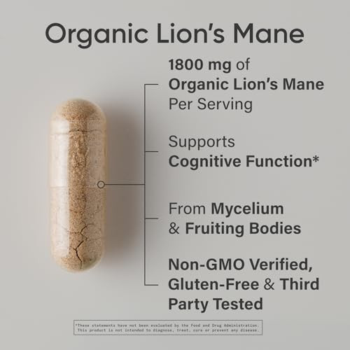 Sports Research Organic Lion'S Mane Mushroom Supplement 1800Mg - Brain Health Focus & Cognitive Supports - Usda Certified Organic Non-Gmo Vegan 90 Count Capsules
